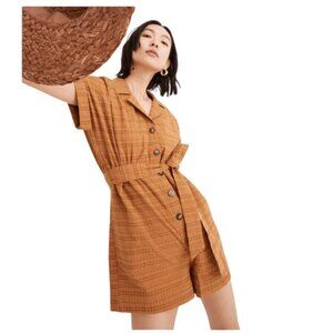 EUC Madewell Mustard Elastic Waist Belted Seersucker Camp Romper in Summer Sand